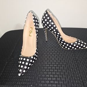 FSJ Black and White Polka Dot Stiletto Heels